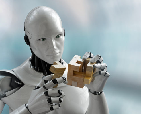 Robot with wooden puzzle
